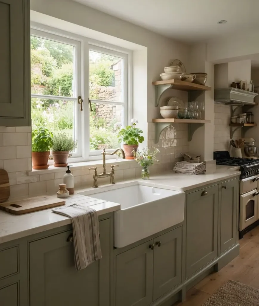 A farmhouse sink in white or cream