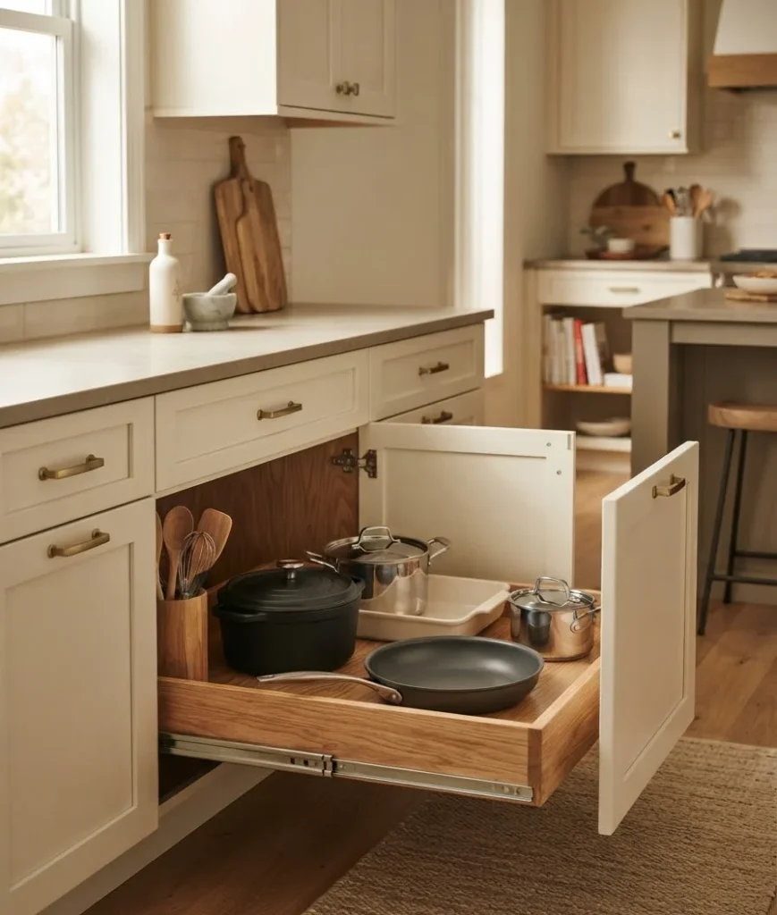 Add pullout shelves to lower cabinets