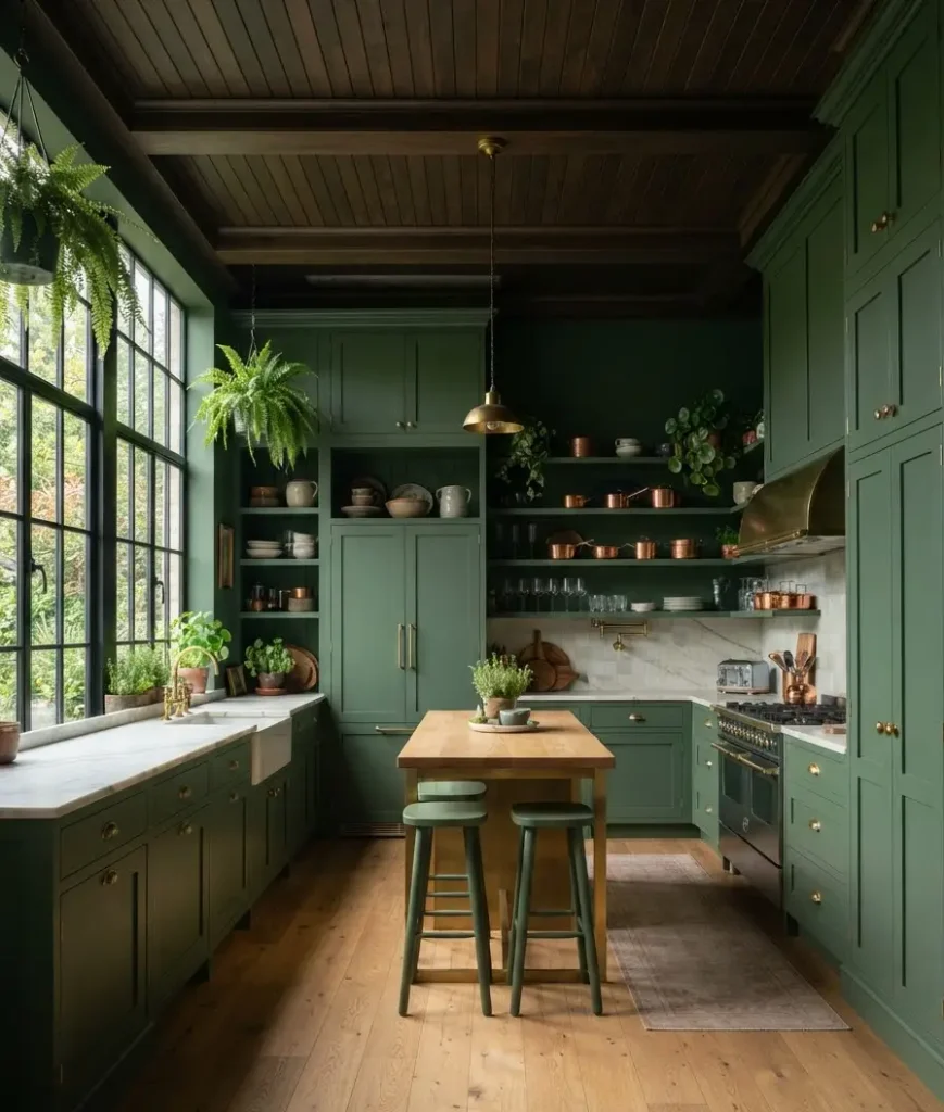 Full green cabinetry, top to bottom