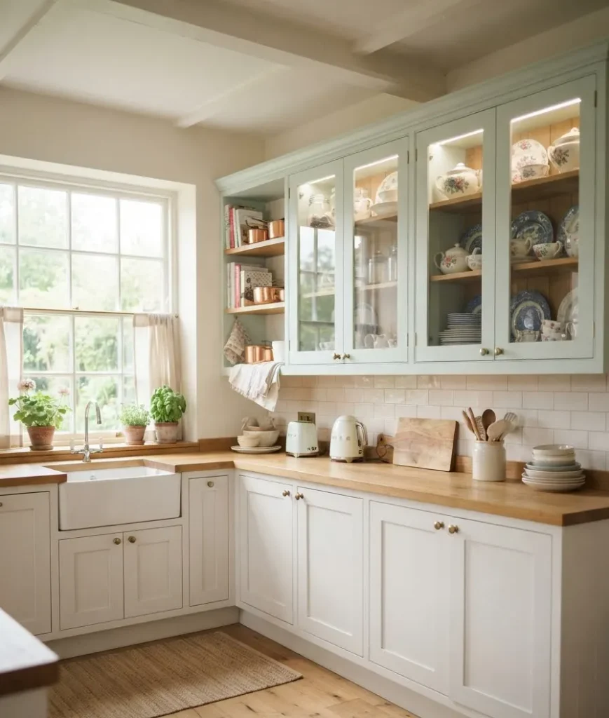 Glass-front upper cabinets in a soft mint