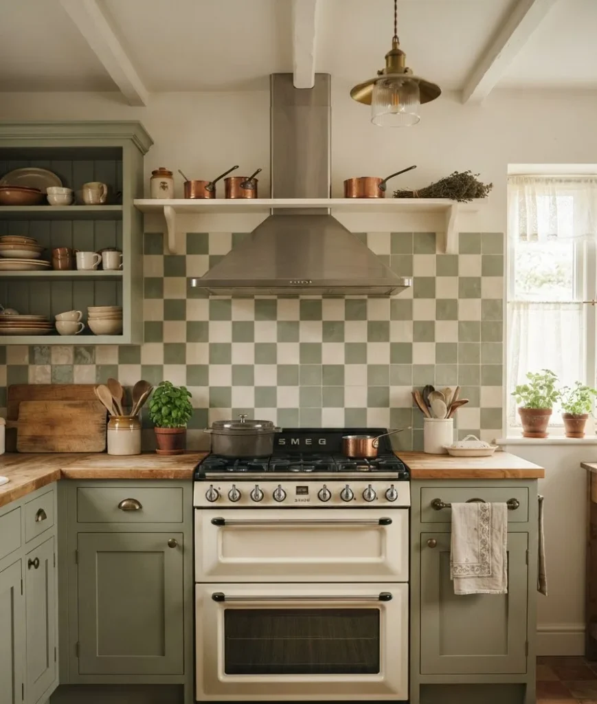 Green and white checkerboard backsplash