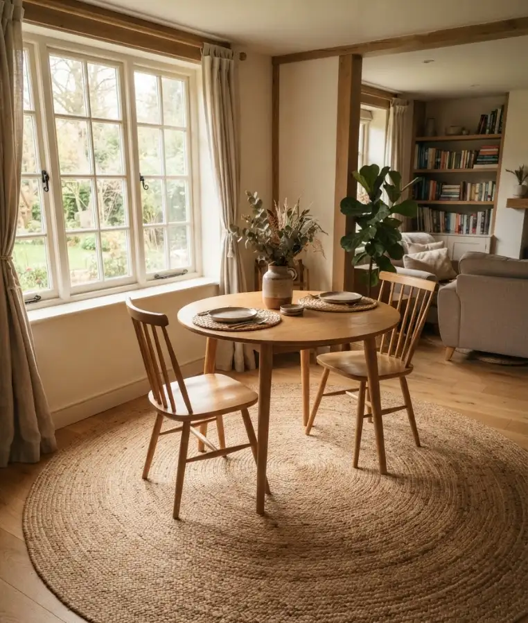 Layer a large rug under a small table