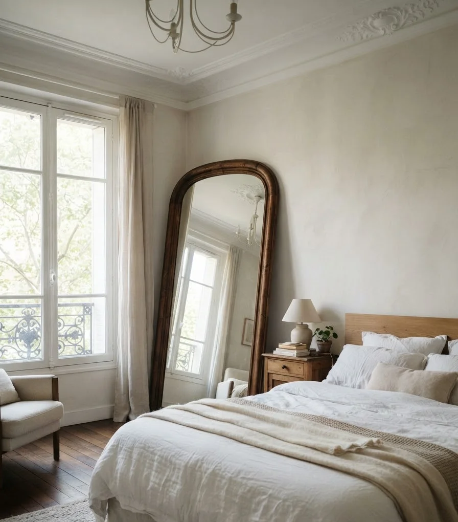 Full-room DSLR photograph, 24mm wide-angle lens, styled bedroom shelf featuring an eclectic ceramic bowl and a vintage-style clock among otherwise minimal decor, full room visible with soft natural daylight. No people, no text, no visible brand names or logos. Realistic ceramic and metal texture, warm and characterful mood, shallow background blur, high dynamic range, 4k, cinematic composition.