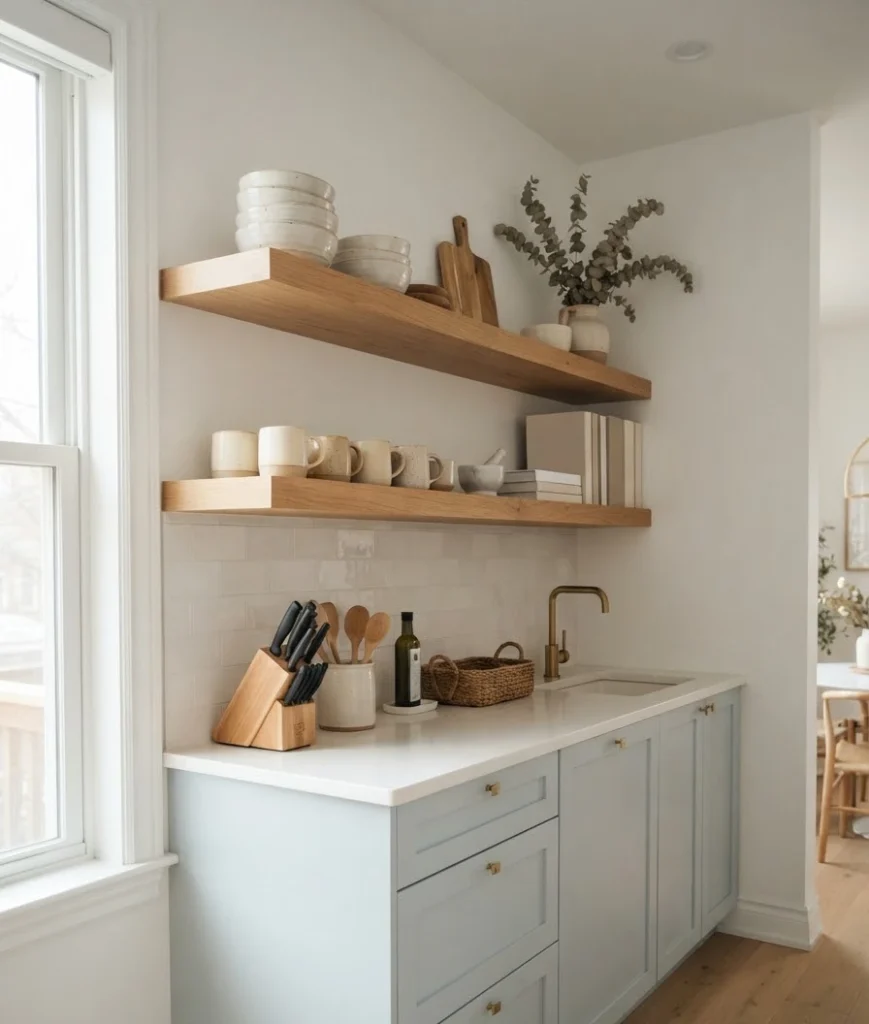 Mount open shelving above the counter