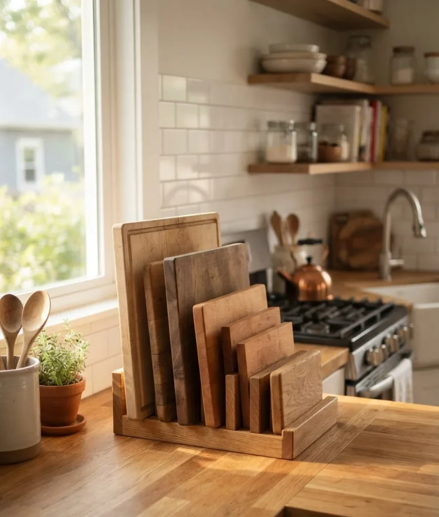Store cutting boards upright in a slot organizer