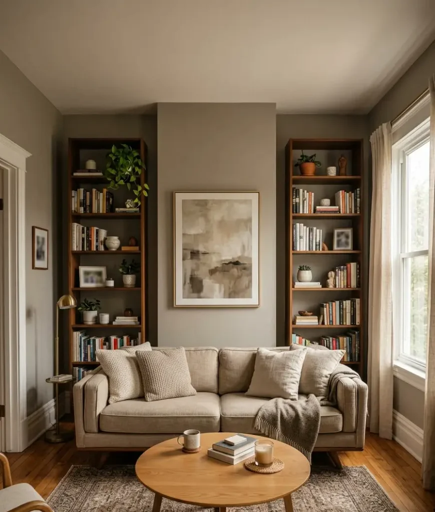 14. Add tall, narrow shelving instead of wide bookcases