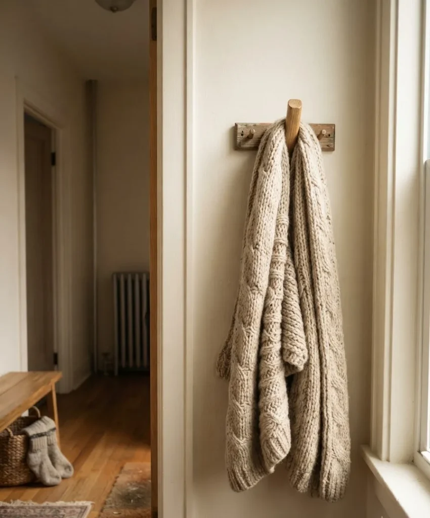 A coat hook with a scarf draped over it