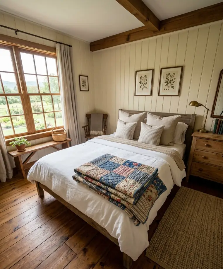  A quilt folded at the foot of the bed