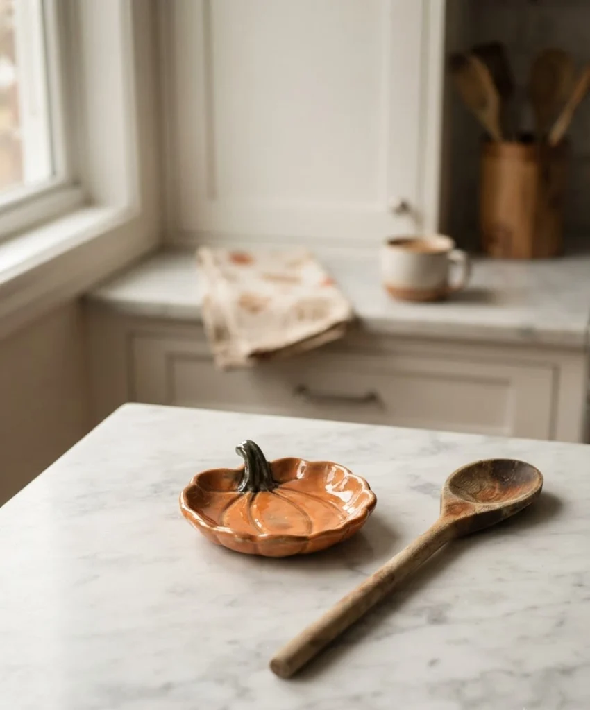  A small ceramic pumpkin as a spoon rest