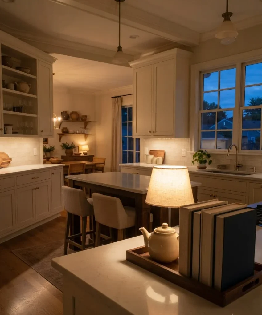 A small table lamp on the counter