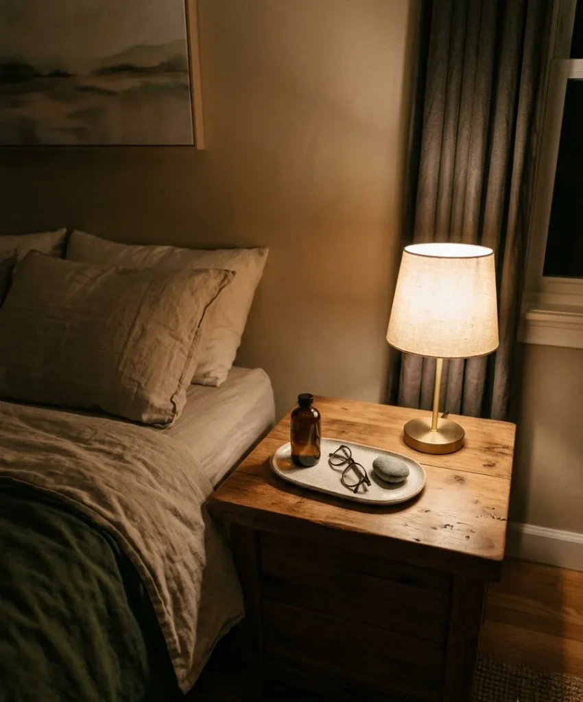 A tray on the nightstand for jewelry