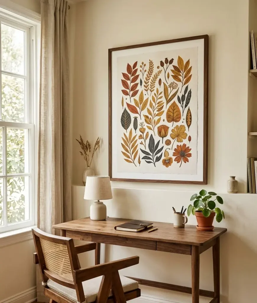 Add a single piece of autumn-toned artwork, like a botanical print or an abstract in rust and gold. One statement piece beats five small ones fighting for attention.