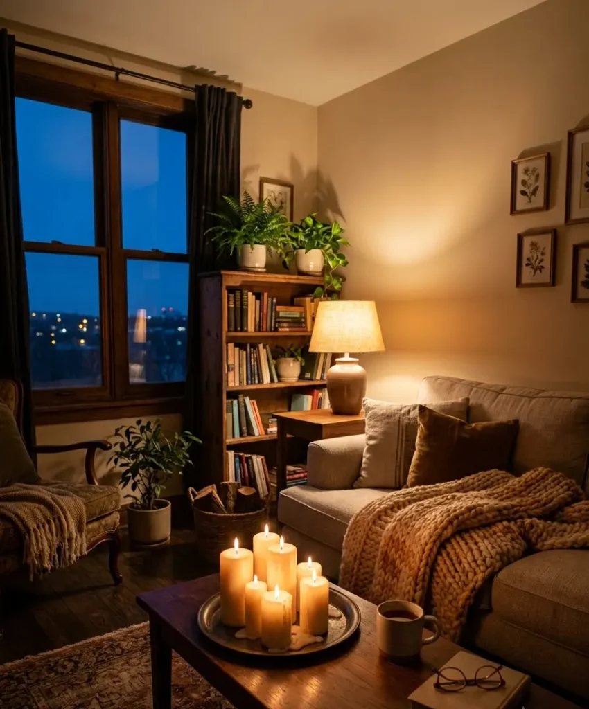 Add candles or a warm lamp for evenings