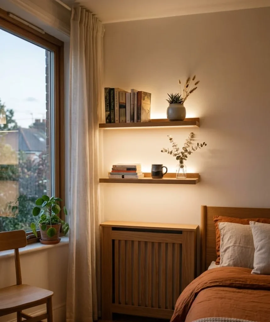Battery puck lights under floating shelves