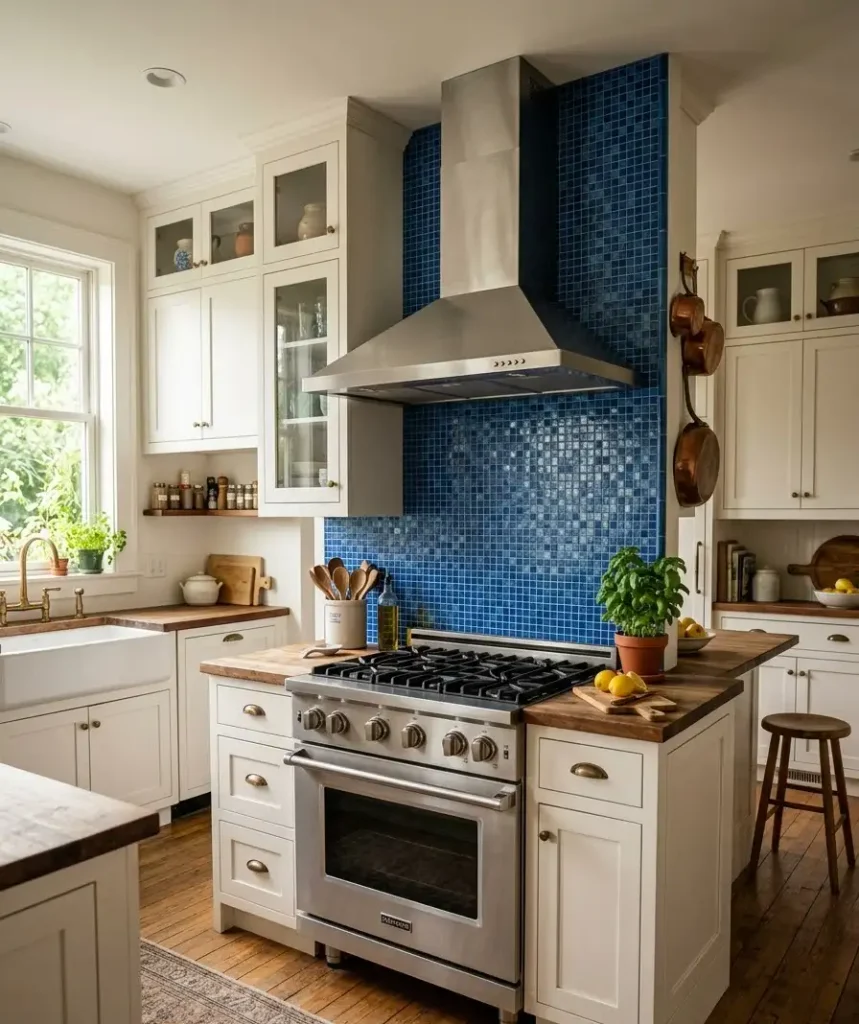 Blue mosaic tile behind