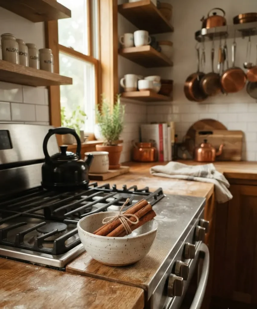 Cinnamon stick bundle by the stove