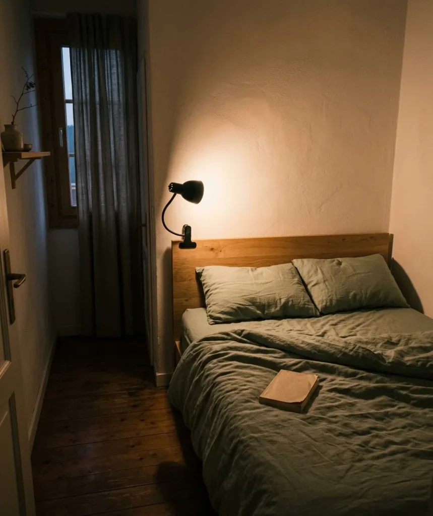 Clip a lamp to the headboard or shelf
