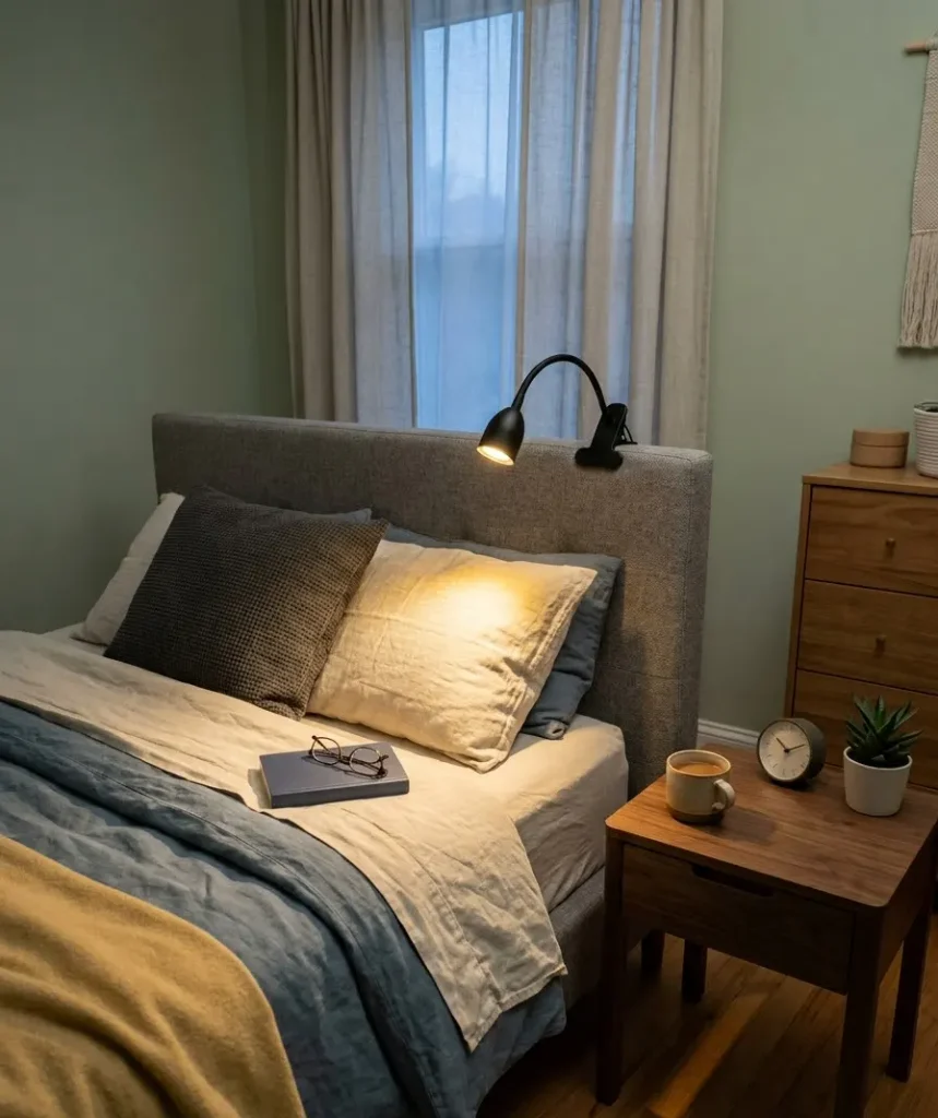 Clip a lamp to your headboard