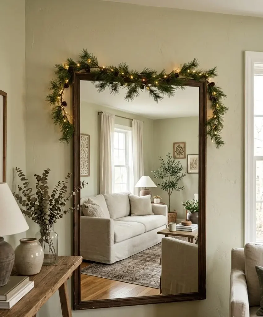Decorate your mirror frame with mini lights or greenery