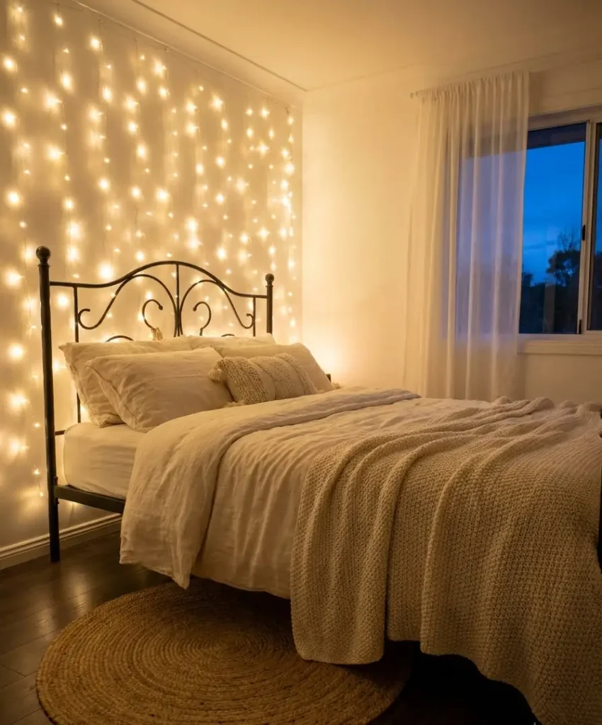 Drape string lights behind the headboard