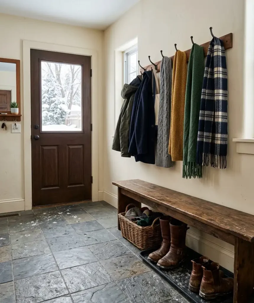 Entryway boot tray and hooks
