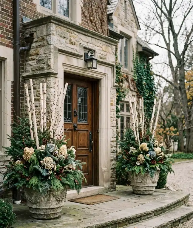 Evergreen containers by the door