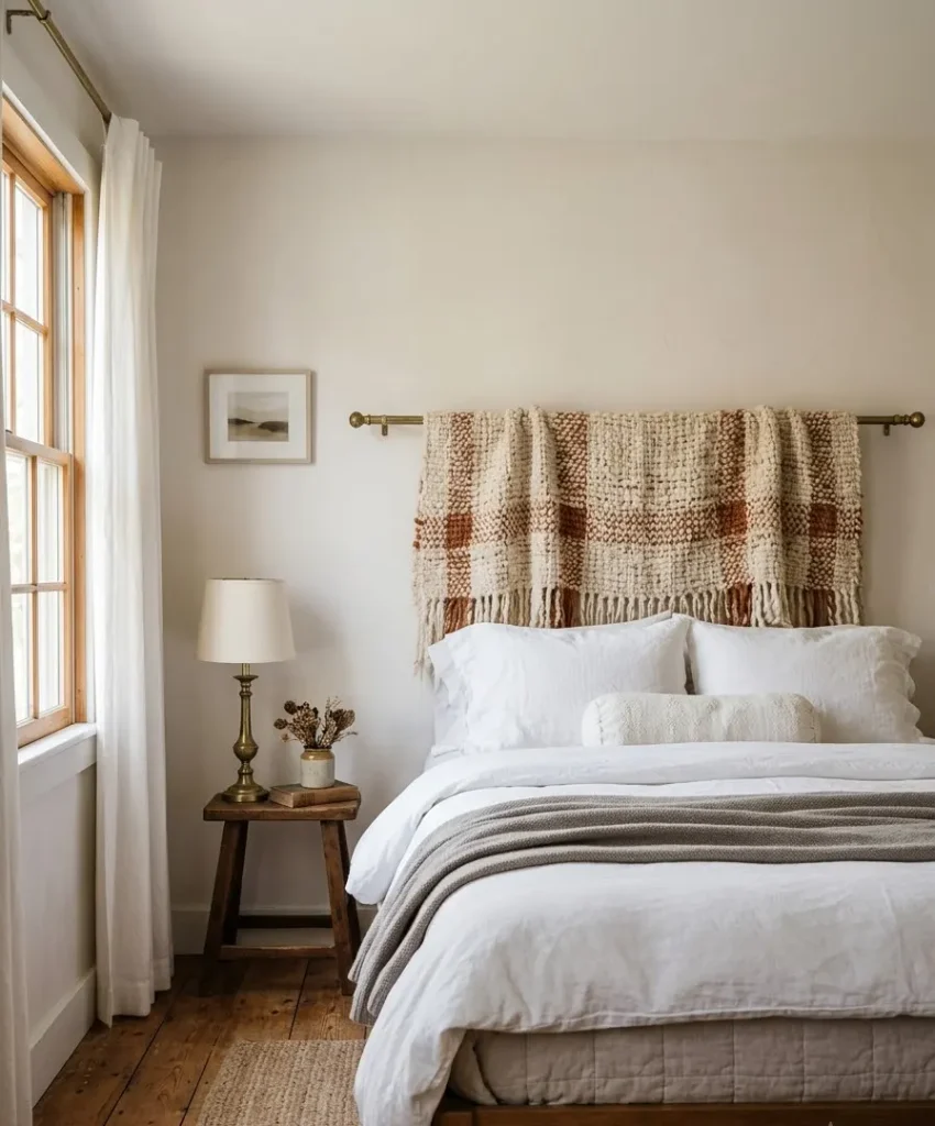 Fake a headboard with a rod and a throw