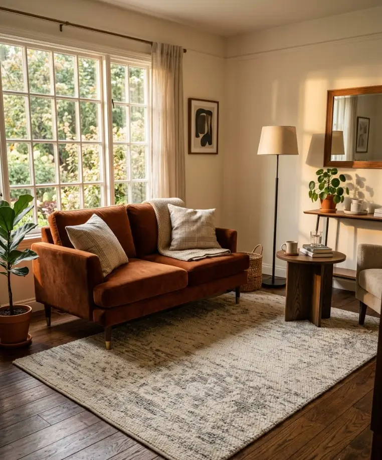 Float a rug in front of the sofa