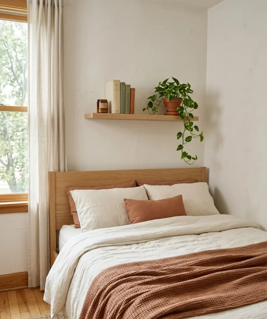 Floating shelf above the bed, thin and shallow