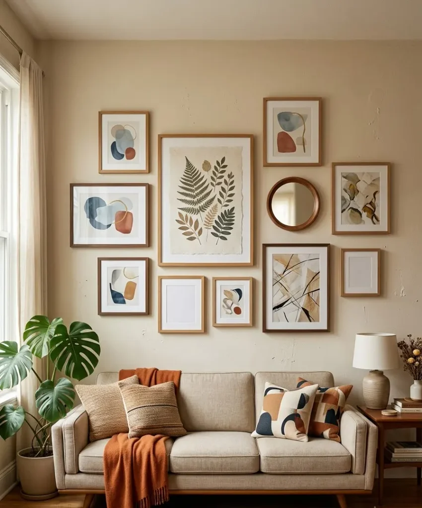 Gallery wall with warm-toned