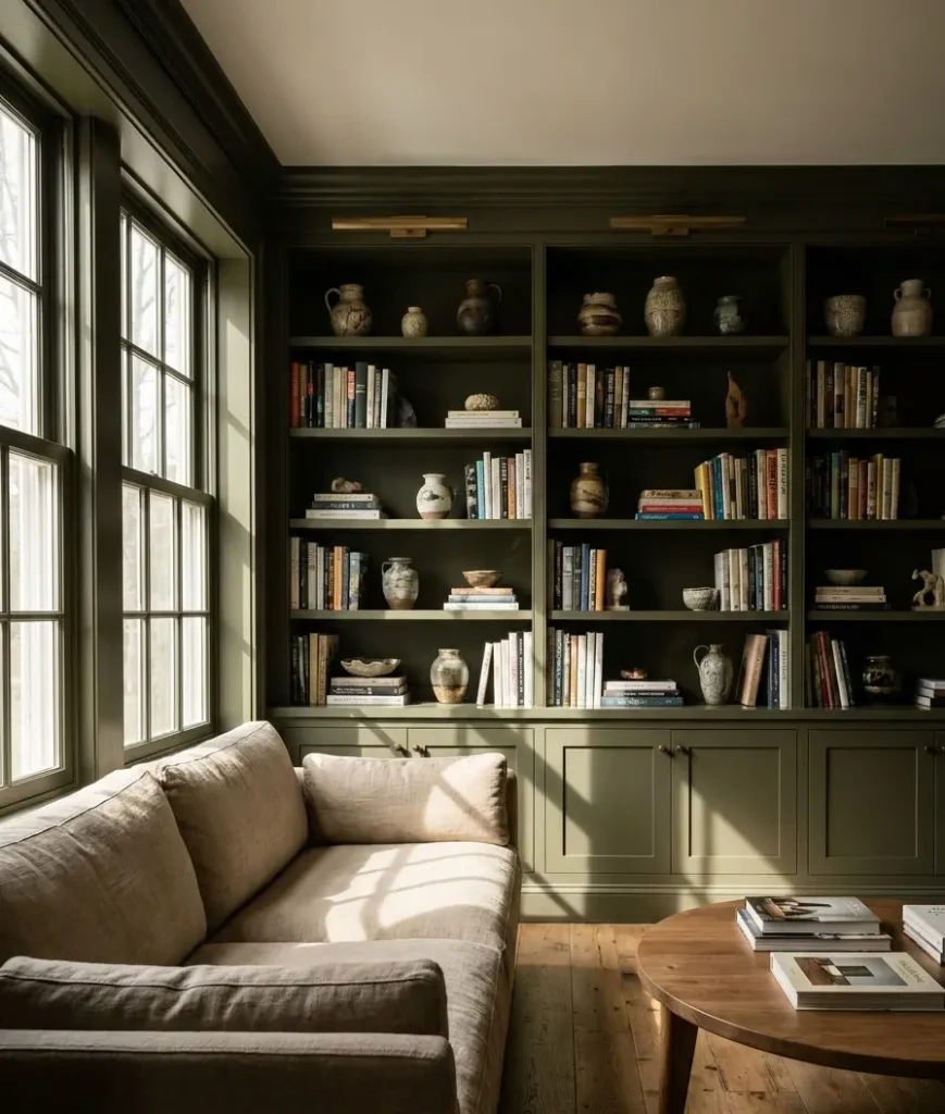 Green bookshelves