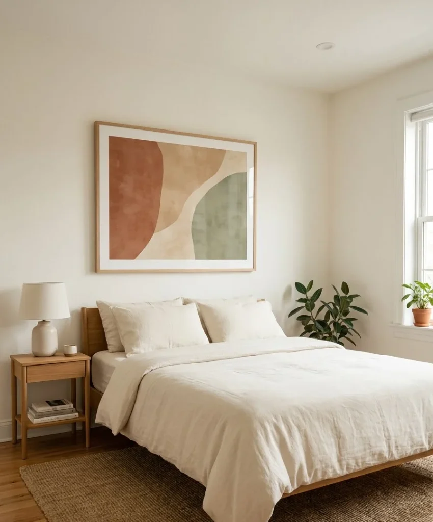 Hang one oversized print above the bed