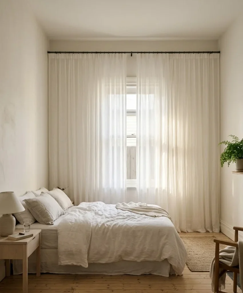 Hang sheer curtains high and wide