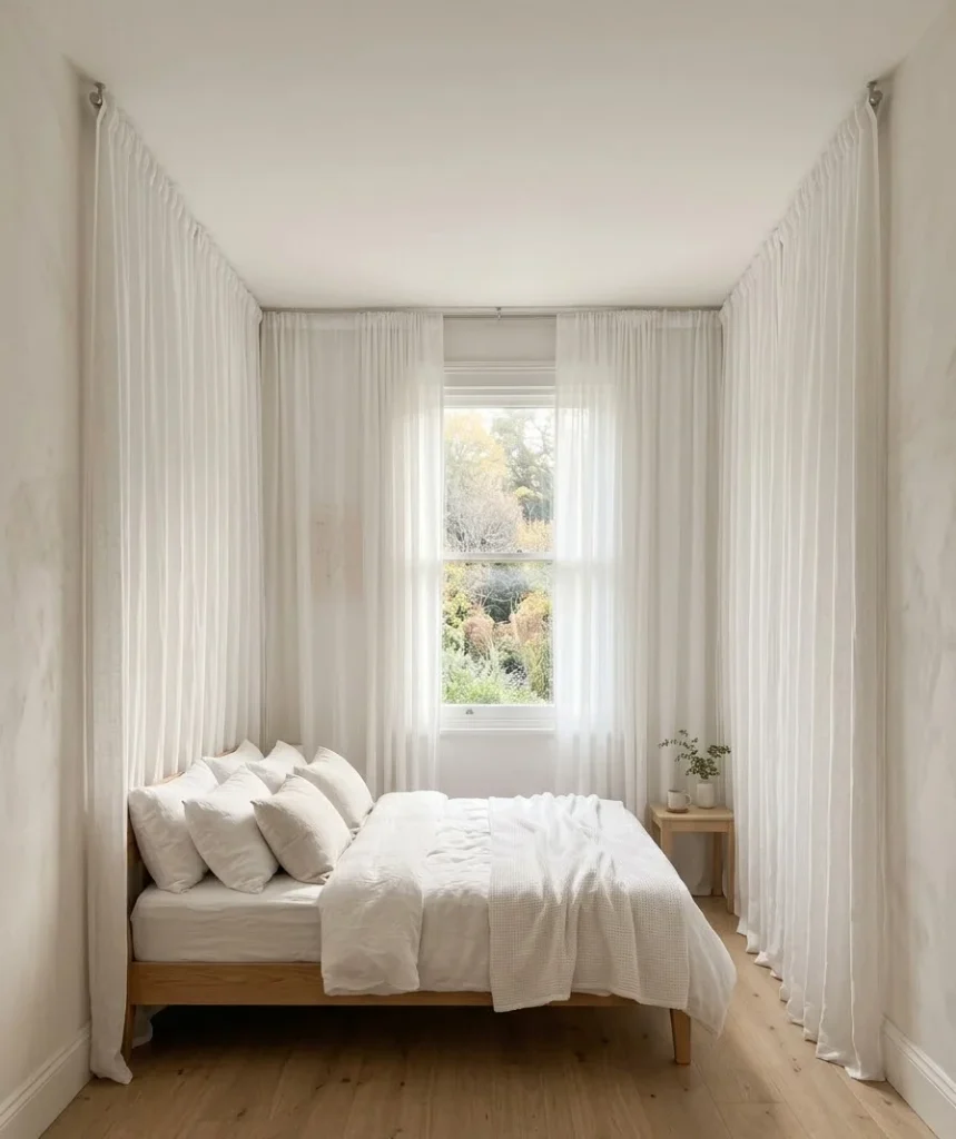 Hang sheer curtains high and wide