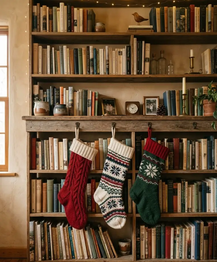 Hang stockings from a bookshelf if you have no mantel