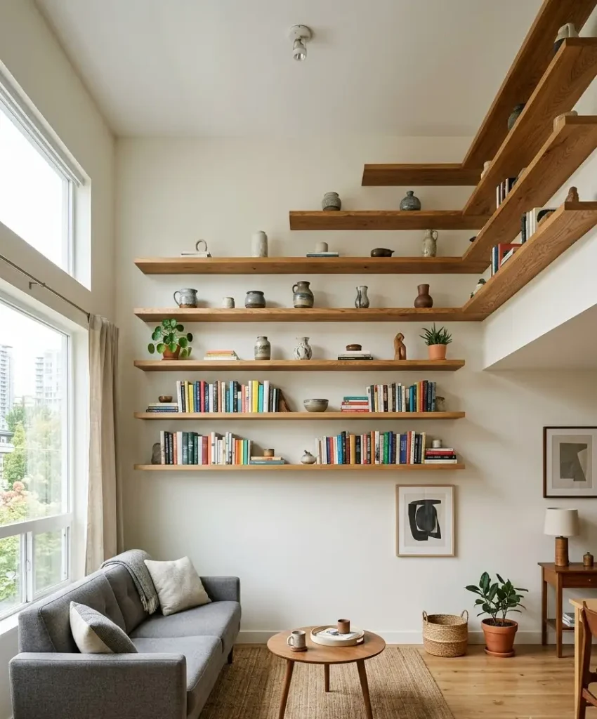 Install floating shelves up near