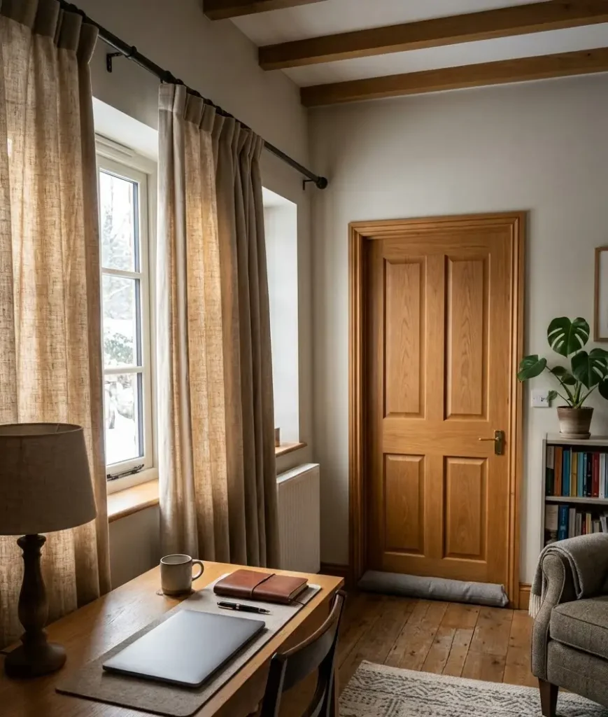 Insulated curtains or a draft stopper for the door