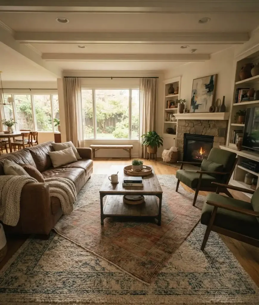 Layer a smaller rug over a larger one