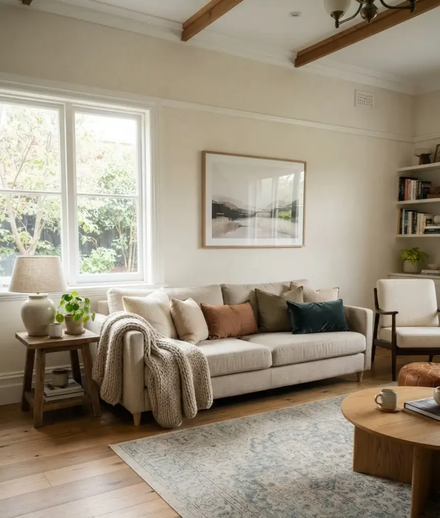 Photorealistic DSLR photo shot on a Sony A7R IV with a 24mm wide-angle lens, full-room wide shot of a living room with floor-length dark blackout curtains framing a window, soft diffused daylight, warm minimalist decor, no people, no text, cinematic composition, 4K