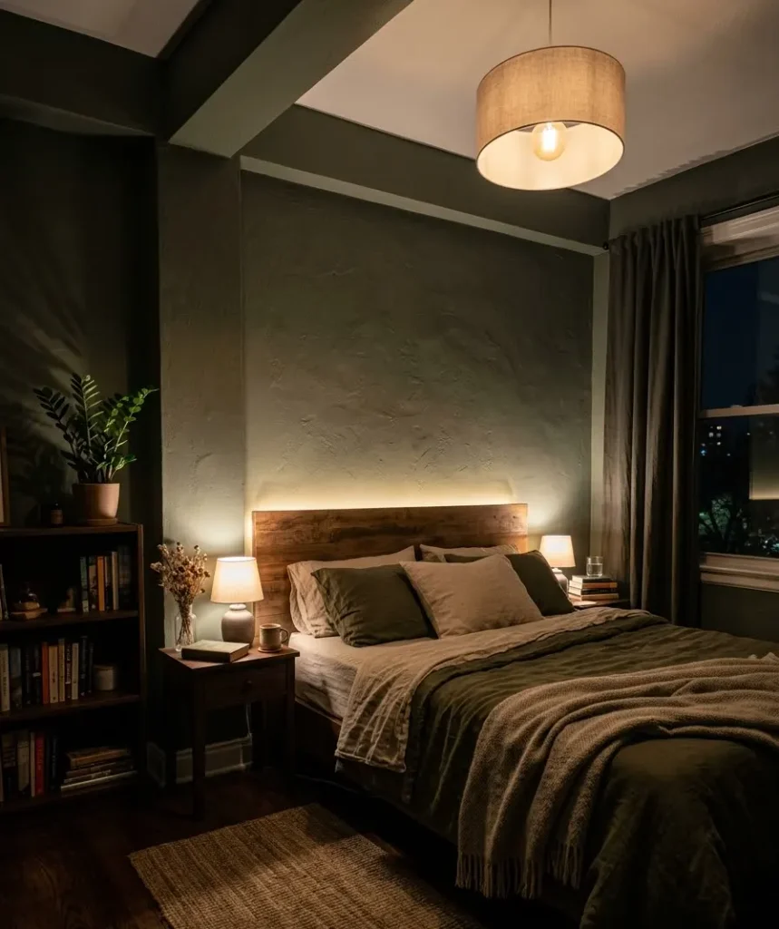 Lighting layers that make a tiny bedroom glow