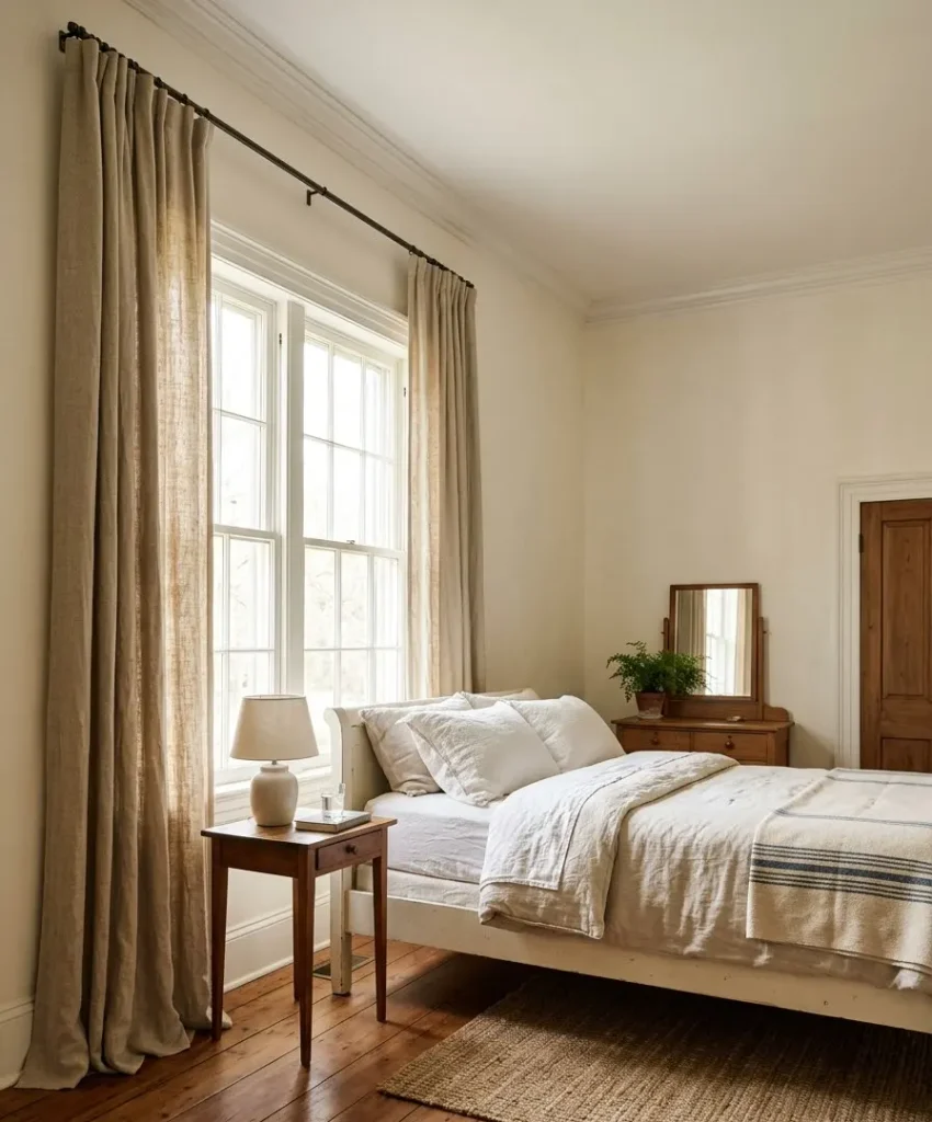 Lined linen curtains hung high
