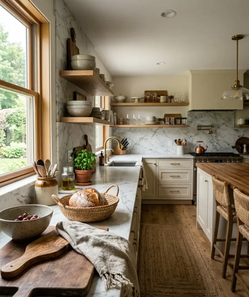 Ultra-realistic DSLR photograph, 35mm wide-angle lens, wide establishing shot of a complete, sunlit American kitchen at golden hour, showcasing marble-look countertops, backsplash, brass hardware, open shelving with marble accessories, and a linen table runner across the island. Full room visible from a slightly elevated wide angle, with warm natural light streaming through a large window and soft realistic shadows stretching across the floor. Styled with a few lived-in details: an open cookbook, a slightly wilting potted herb, a folded towel. Mood: dreamy, warm, deeply inviting, aspirational finale shot. Shallow depth of field near foreground props, soft background blur, rich texture detail across wood, stone, and linen, high dynamic range, cinematic composition, 4k. No people, no text, no brand names.