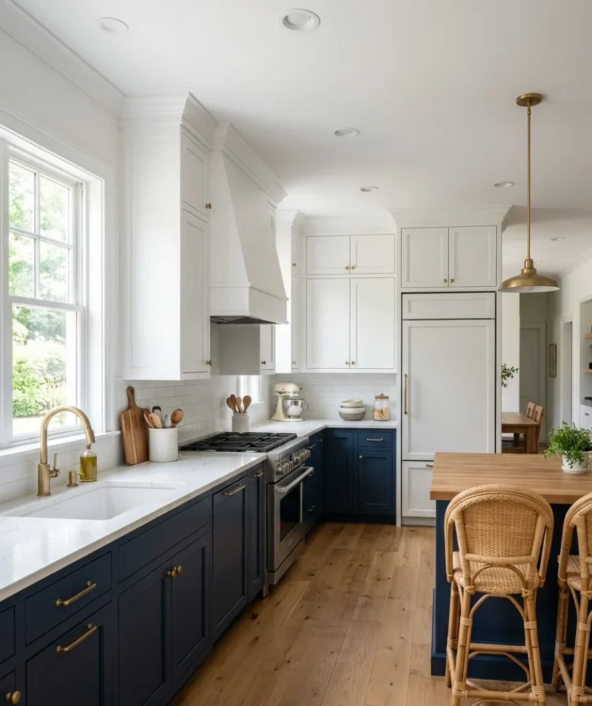 Navy lower cabinets with