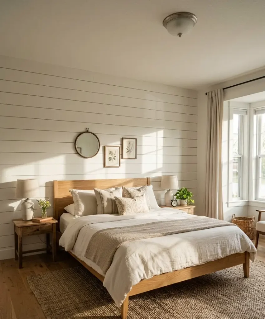 Shiplap behind the bed