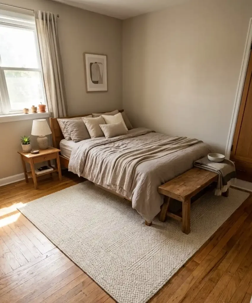 Slide a rug under the foot of the bed