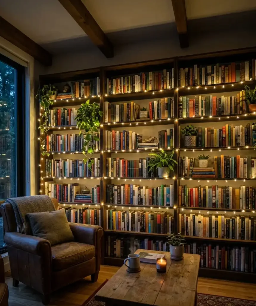 String fairy lights along a shelf