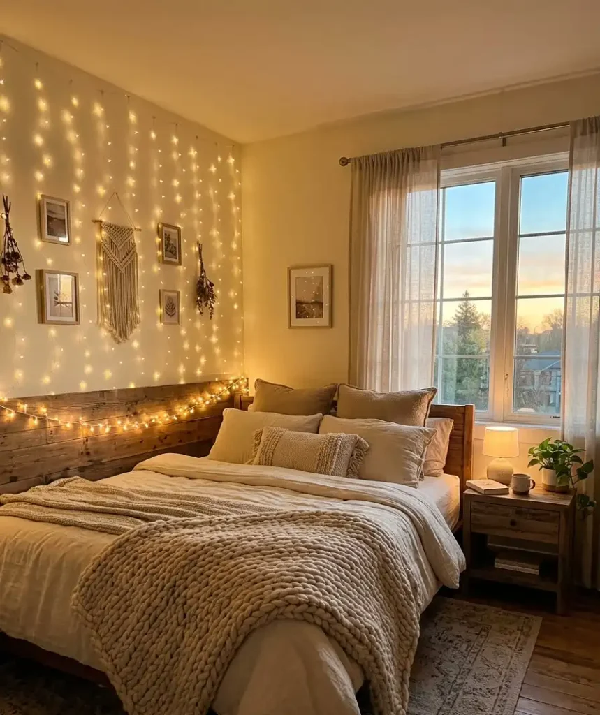 String lights behind the bed
