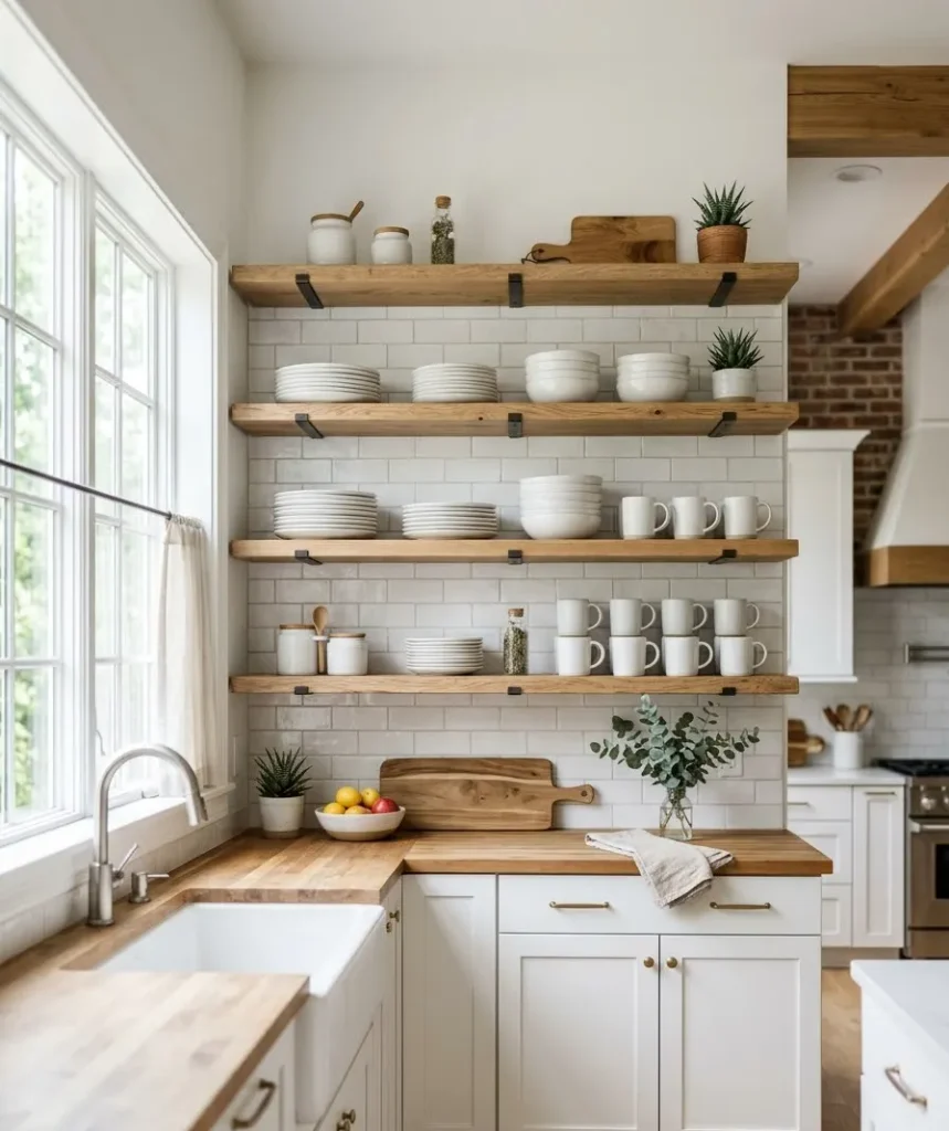 Style open shelves with white dishware