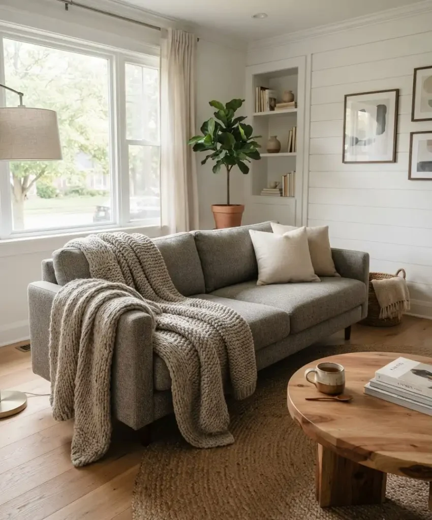 Throw a chunky blanket over the sofa