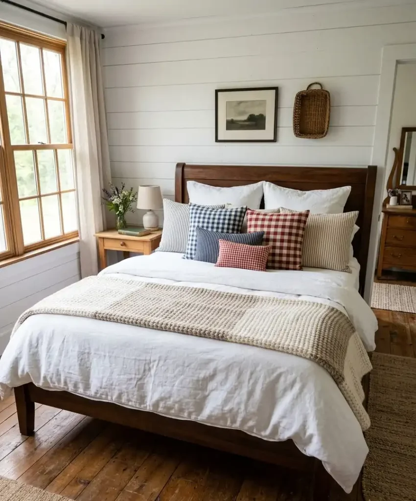 Ticking-stripe and gingham pillows